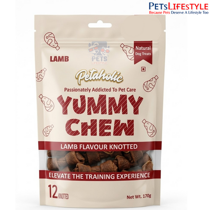 Petaholic Yummy Chew Lamb Flavour Knotted Bone Dog Treat 170g (12 Knotted Bones) | Premium Gluten-Free Chew Treats for Dogs