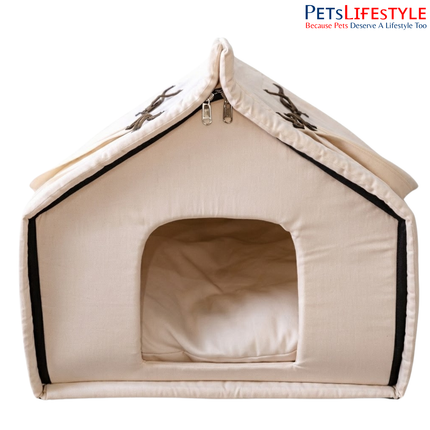 Cat House with Premium Indoor Foldable Canvas Pet House Tent with Plush Cushion, Indoor Pet Bed