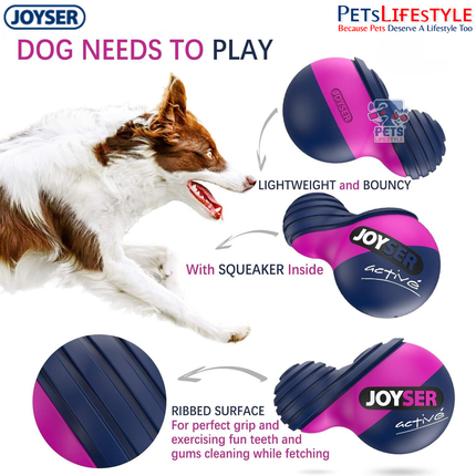 JOYSER Active TPU Duoball with Squeaker Durable Chew & Fetch Dog Toy – Blue/Pink (M)