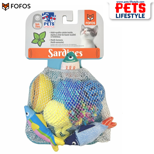 FOFOS Sardine Cat Toy 9 Pack Catnip-Infused Multi-Texture Toys for Batting & Swatting