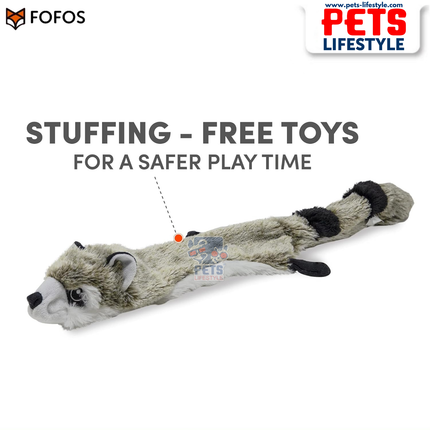 FOFOS Dog Toy Skinneez Raccoon Toy – Stuffing-Free Plush Toy with Dual Squeakers