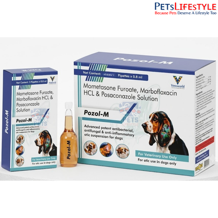 Pozol-AM Ear Drops for Dogs 3 Pipettes x 0.8 ml | Triple Action Antibacterial, Antifungal & Anti-Inflammatory Otic Solution