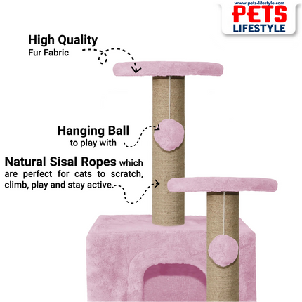Canine Desk Soft Fur Activity Cat Tree – Natural Sisal Scratching Posts & Hanging Ball Toys
