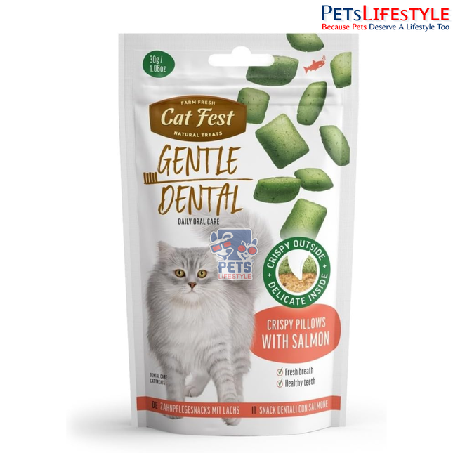 Cat Fest Crispy Pillows with Salmon Cat Treats 30g | 100% Natural Crunchy Dental Treats with Antioxidants
