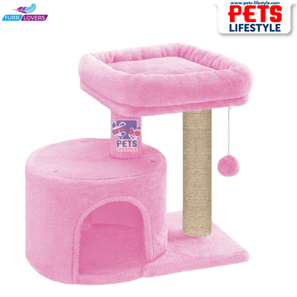 Compact Cat Tree with Scratching Post, Condo & Dangling Toy Ball – Plush Fabric (Small Space Friendly)