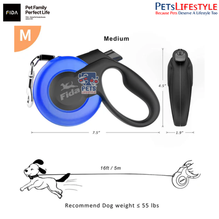 FIDA Mars Retractable Dog Leash – Blue – Anti-Twist Heavy Duty Reflective