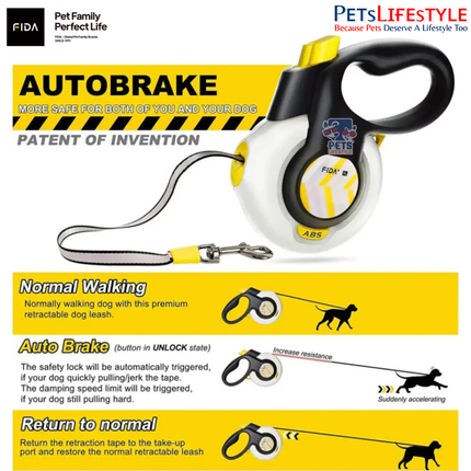 FIDA AutoBrake Retractable Dog Leash 16ft Safety Lock
