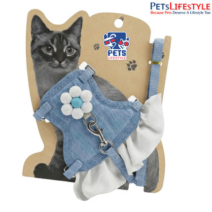 Blue Ruffled Cat & Small Pet Harness with Leash | Adjustable Anti-Escape Vest with Flower Detail