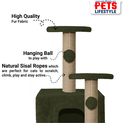 Canine Desk Soft Fur Activity Cat Tree – Natural Sisal Scratching Posts & Hanging Ball Toys