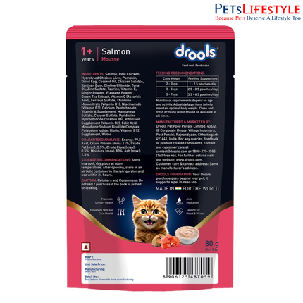 Drools Cat Mousse Wet Cat Food – Salmon Flavour 80g High Protein Smooth Texture Adult Cats 1+ Years