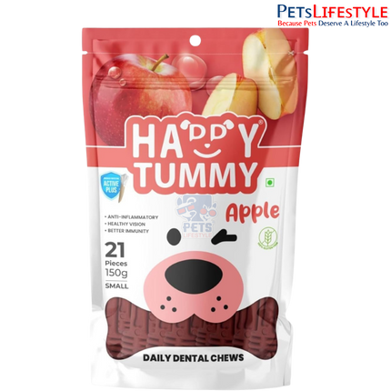 Gnawlers Happy Tummy Apple Dental Bone Treat for Medium & Large Dogs| Daily Dental Chew with Apple Fiber, Prebiotics & Eucalyptus Oil