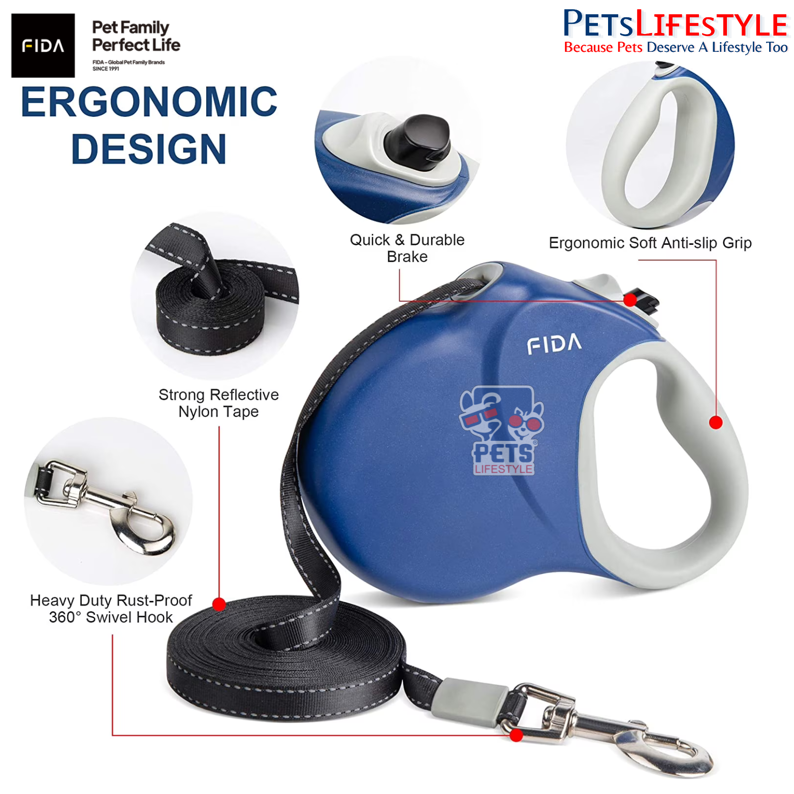 Fida AutoBrake Retractable Dog Leash - 16ft Heavy Duty No-Pull Leash For Large Breeds