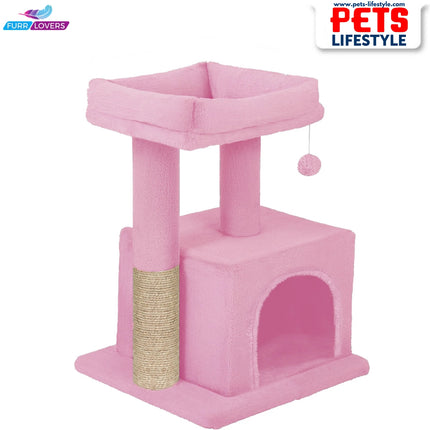 FURRLOVERS Condo Kitten Cat Tree – Plush Fur Fabric, Top Perch, Hanging Ball & Scratching Post (12x12 Inch Condo)