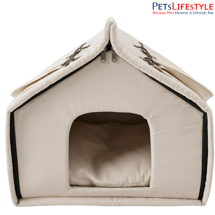 Cat House with Premium Indoor Foldable Canvas Pet House Tent with Plush Cushion, Indoor Pet Bed