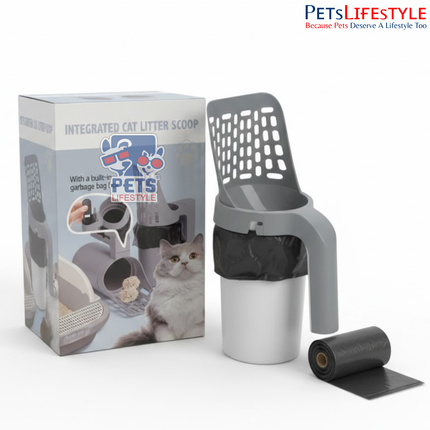 Integrated Cat Litter Scoop with Built-In Garbage Bag Box – All-in-One One-Hand Cleaning System (Grey)