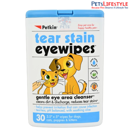 Petkin Tear Stain Eyewipes 30 Wipes – Extra-Moist, Tearless Eye Cleaning Wipes for Pets