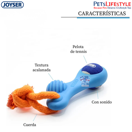 JOYSER Bone Rubber with Replaceable Tennis Ball & Squeaker Dog Toy – Blue/Orange (S)