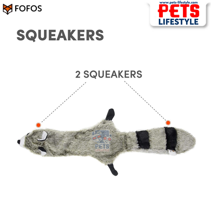 FOFOS Dog Toy Skinneez Raccoon Toy – Stuffing-Free Plush Toy with Dual Squeakers