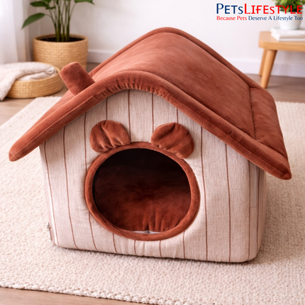 Premium Rust Velvet Cottage Pet House with Removable Roof Pet House with Plush Cushion, Indoor Pet Bed