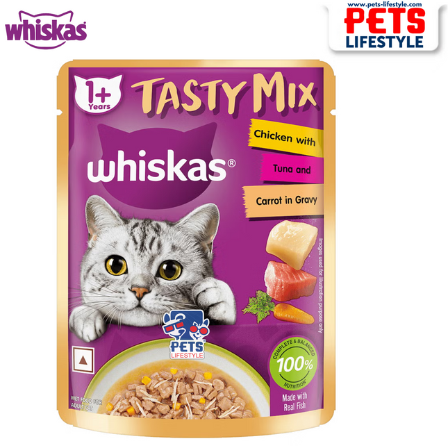 Whiskas Tasty Mix Chicken Tuna Carrot In Gravy Wet Cat Food – 70 gm