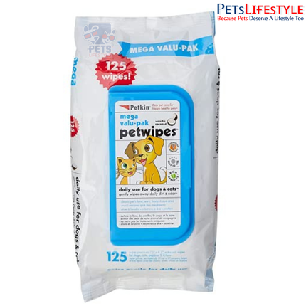 Petkin Pet Wipes Mega Value Pull Pack – 125 Wipes for Dogs & Cats