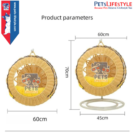 PᴇᴛsLɪғᴇsᴛʏʟᴇ Natural Rattan Cat Hammock Bed with Cushion & Toy – Handmade Swing Cat