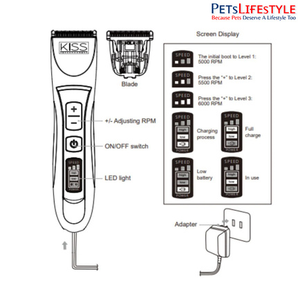 KISS Cordless Pet Trimmer MC-230 – 3 Adjustable Speeds, Low-Noise Grooming Clipper