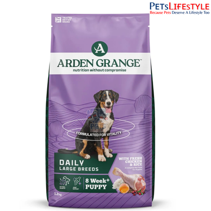Arden Grange dog food packaging showing 2kg 6kg and 12kg pack sizes