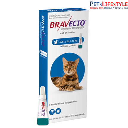 Bravecto packaging for medium cats with a cat illustration on a white background