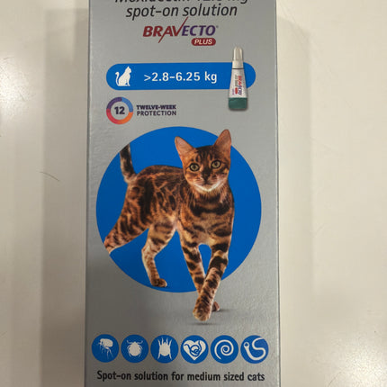 MSD Animal Health Bravecto Plus (Brand MSD) 250mg (2.8 - 6.25 kg) (Fluralaner) Spot On Solution Cats Advanced Parasite Protection