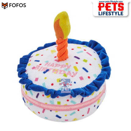 FOFOS Birthday Cake Plush Dog Toy – Multicolour | Squeaky Plush Toy with Rope