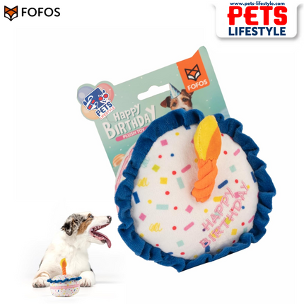 FOFOS Birthday Cake Plush Dog Toy – Multicolour | Squeaky Plush Toy with Rope