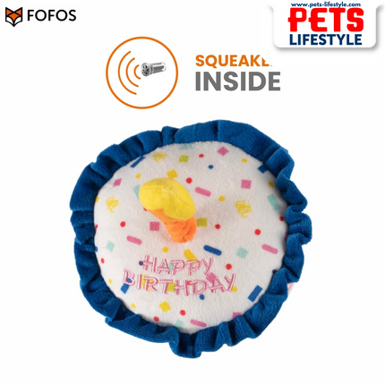 FOFOS Birthday Cake Plush Dog Toy – Multicolour | Squeaky Plush Toy with Rope