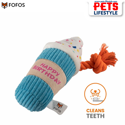 FOFOS Birthday Drink Plush Dog Toy – Soft & Squeaky Rope Toy | Birthday Gift