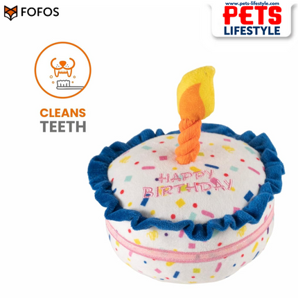 FOFOS Birthday Cake Plush Dog Toy – Multicolour | Squeaky Plush Toy with Rope