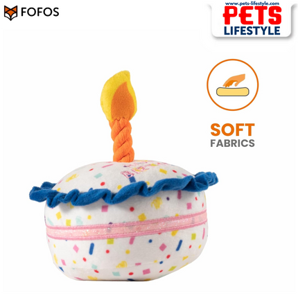 FOFOS Birthday Cake Plush Dog Toy – Multicolour | Squeaky Plush Toy with Rope