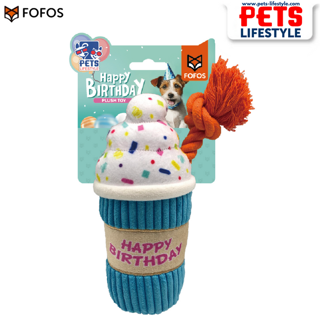 FOFOS Birthday Drink Plush Dog Toy – Soft & Squeaky Rope Toy | Birthday Gift