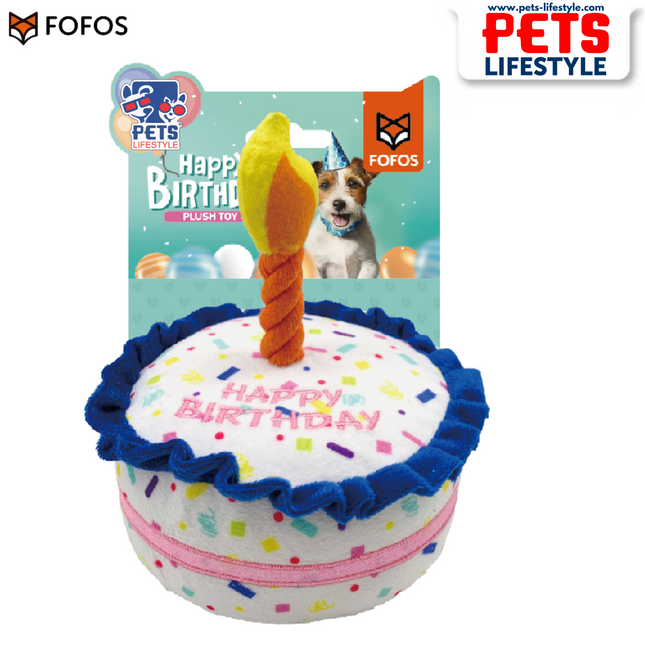 FOFOS Birthday Cake Plush Dog Toy – Multicolour | Squeaky Plush Toy with Rope