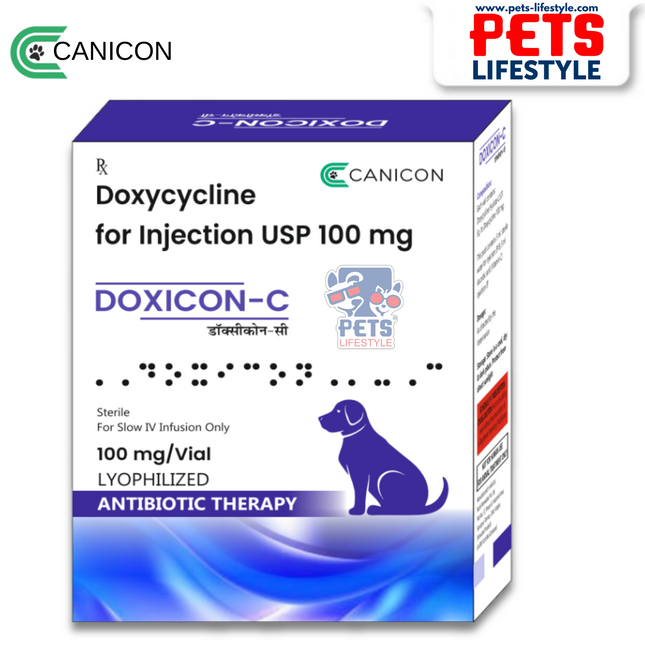Canicon DOXICON-C – Doxycycline Hyclate 100 mg Injection for Dogs (IV Use, 1 Vial)