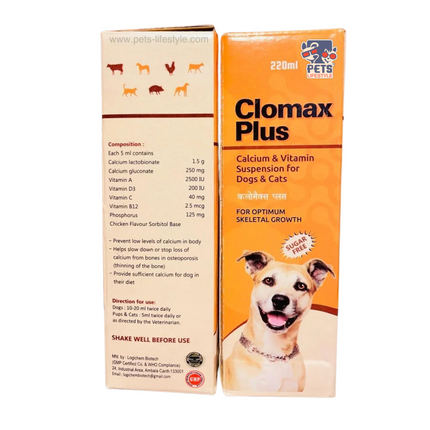 Medilogy Clomax Plus Syrup  – Calcium and Vitamin Supplement for Pets (Syrup 220 ml)