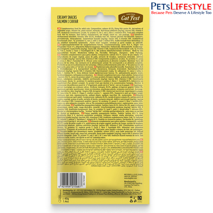 Cat Fest Creamy Snacks salmon pack back panel with composition and feeding guide