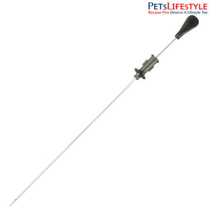 Close-up of pigtail-tip design on feline urinary catheter showing curled retention shape