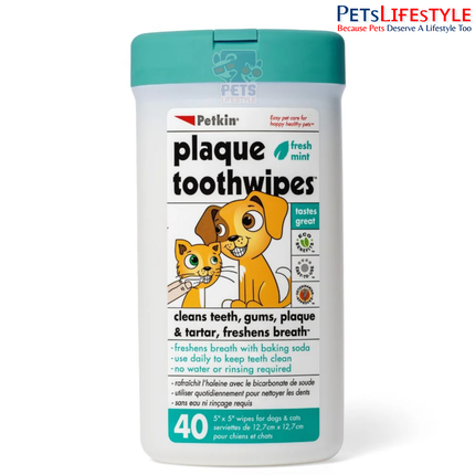 Petkin Plaque Fresh Mint Tooth Wipes for Dogs & Cats – 40 Counts