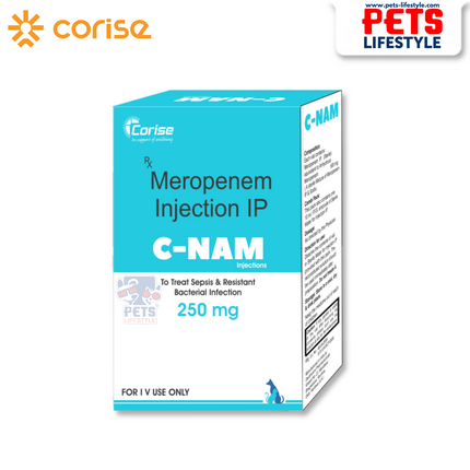 C-NAM Injections (Meropenem IP 250 mg / 500 mg / 1 g) – For Sepsis, RTI, UTI & Resistant Infections in Pets