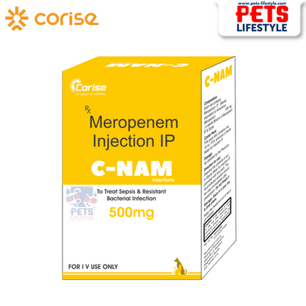 C-NAM Injections (Meropenem IP 250 mg / 500 mg / 1 g) – For Sepsis, RTI, UTI & Resistant Infections in Pets