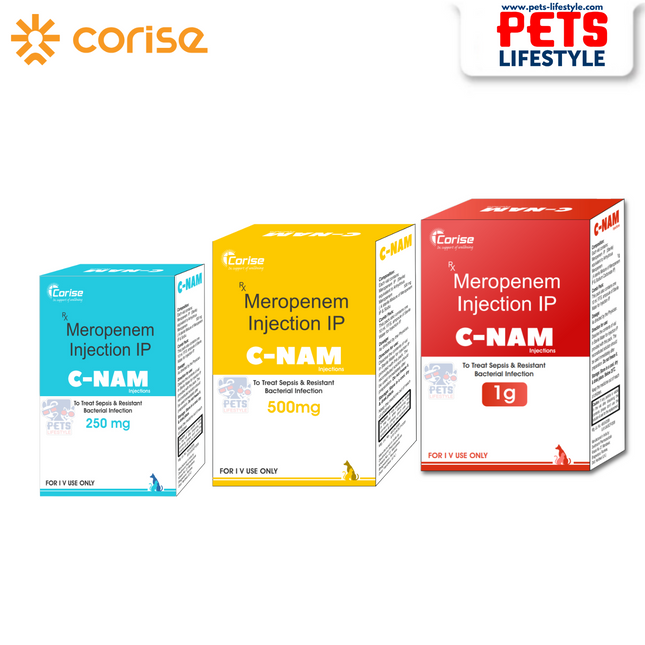 C-NAM Injections (Meropenem IP 250 mg / 500 mg / 1 g) – For Sepsis, RTI, UTI & Resistant Infections in Pets