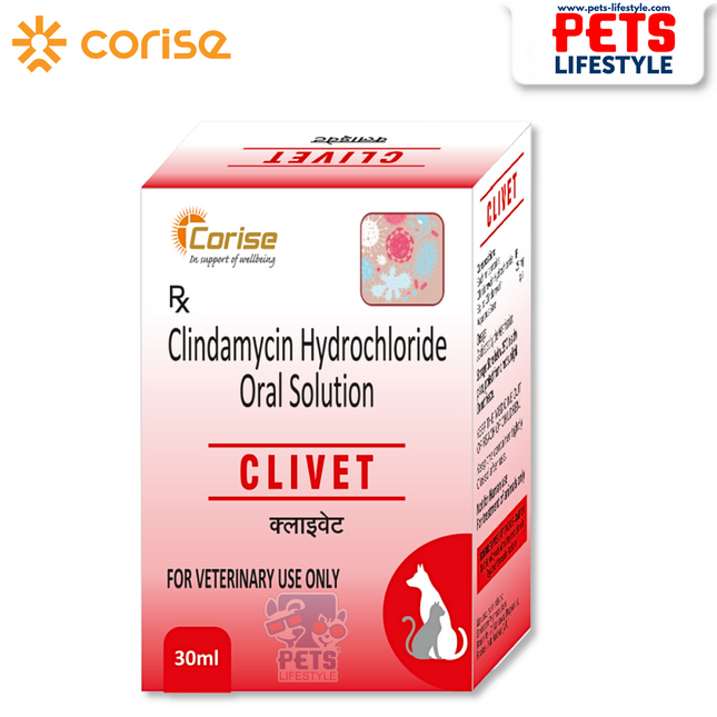 Clivet Oral Suspension 30ml  – Clindamycin 25mg/ml, For Bacterial Infections in Pets