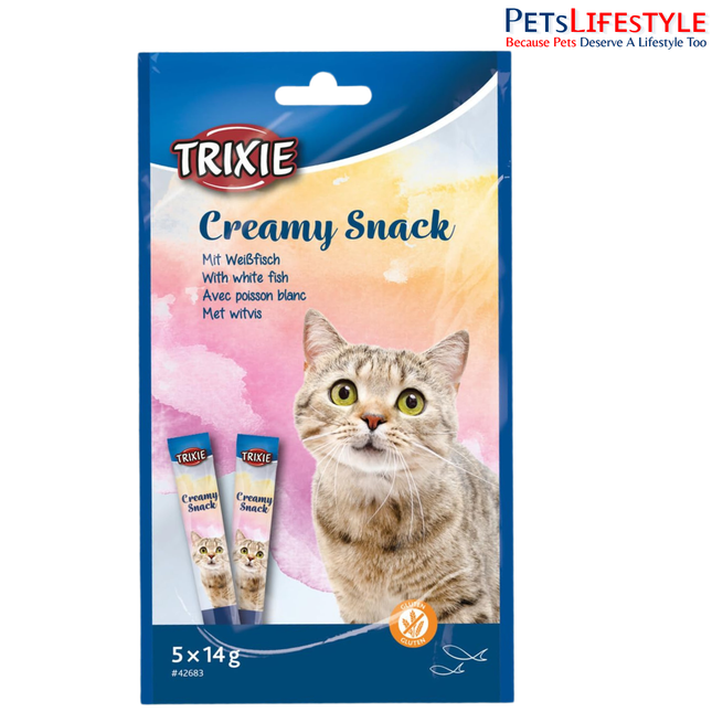 Trixie Creamy Snacks for Cats – White Fish Flavour Creamy Cat Treats with Taurine | 5 x 14g
