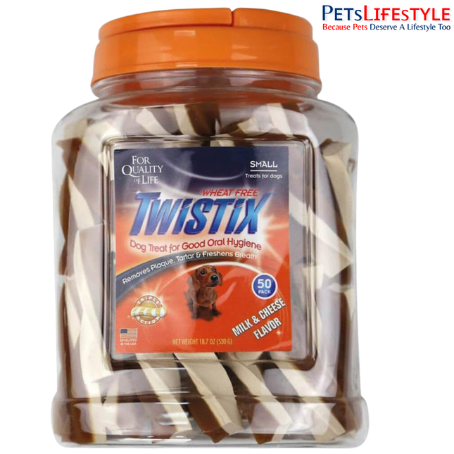 Twistix Canister Milk & Cheese Dog Treats Small – Dental Care Chew Sticks 50 Sticks | 500g