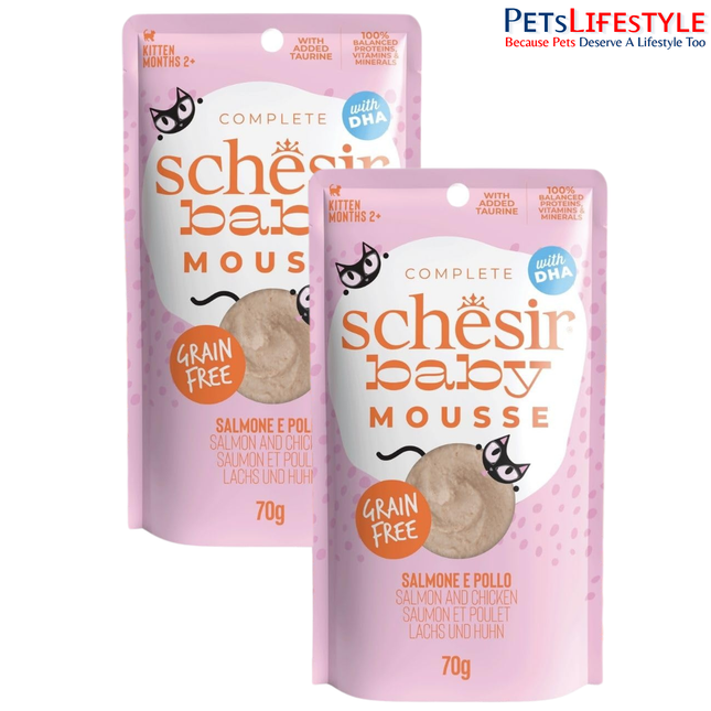 Schesir Baby Cat Mousse – Salmon & Chicken, 70g | High Protein Soft Mousse Wet Food | Natural, Grain-Free Nutrition for Healthy Growth & Easy Digestion in Kittens (0–12 Months)